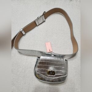 Silver Crocodile-Embossed Belt Bag